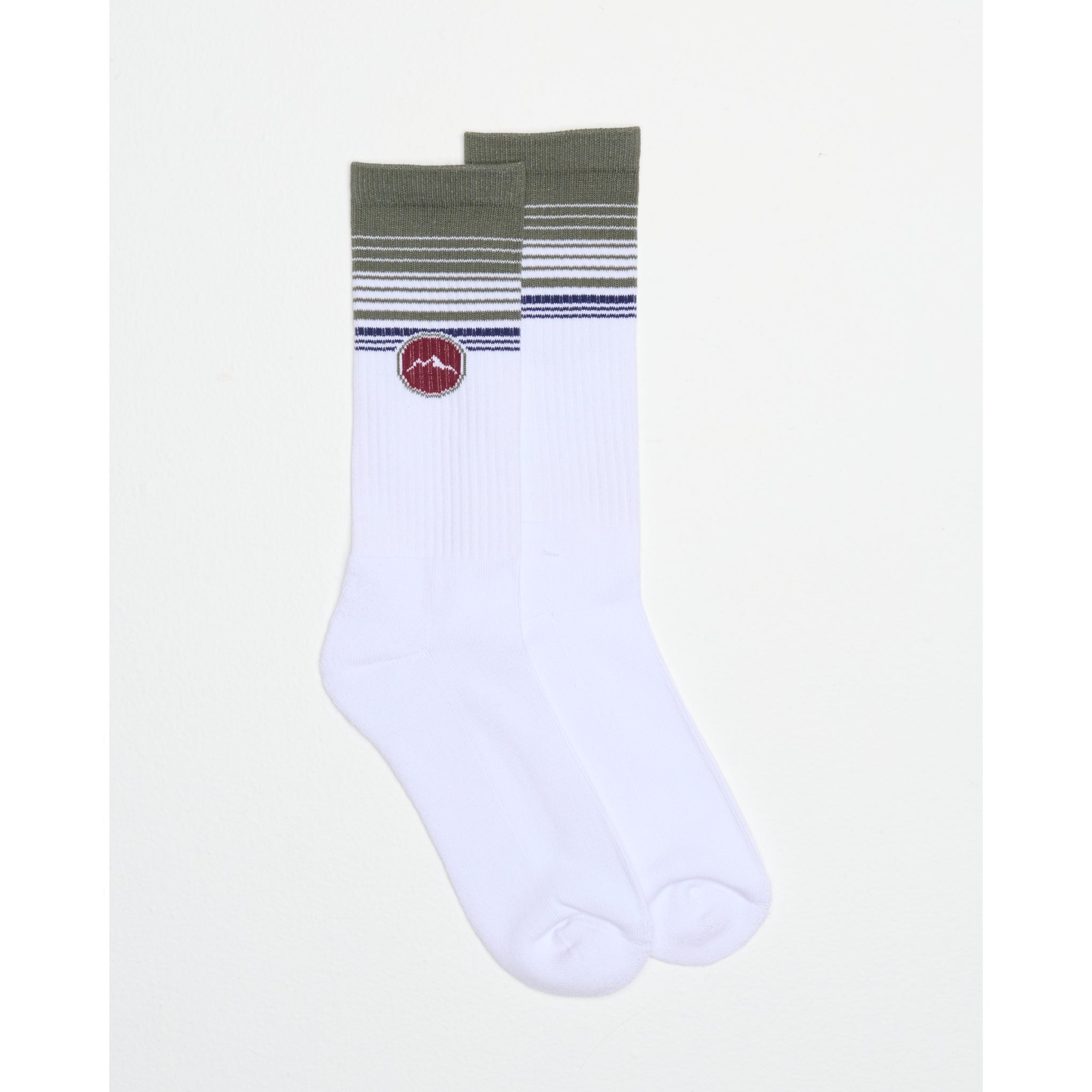 Alpine Orbit Socks – White socks with green and navy stripes and jacquard circle patch.