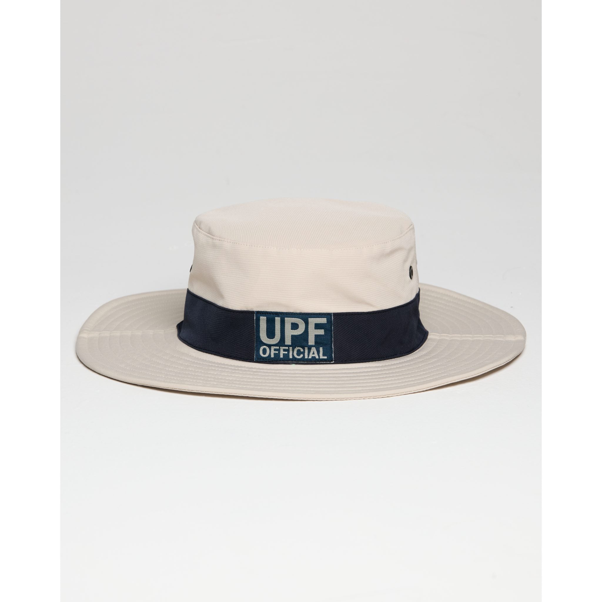 UPF Explorer Hat in Light Grey with Wide Brim and Woven Badge