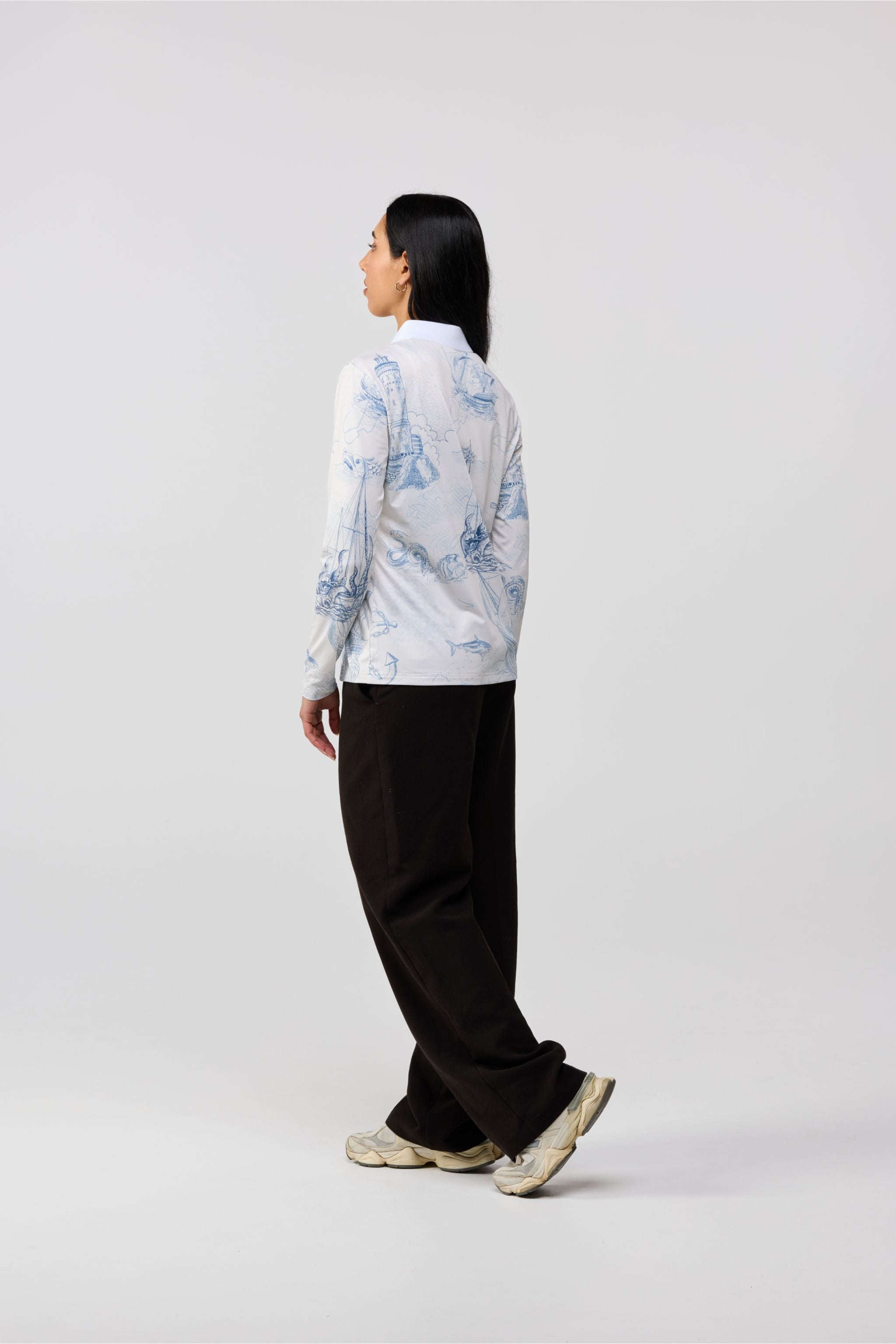 Back view of women’s Kraken Domain white t-shirt with solid white finish.